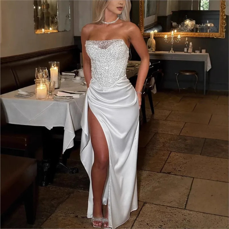 Summer Satin Evening Dress 2025 Elegant Tube Top Sequins Long Dress Fashion Sleeveless High Split Prom Party Dress 250303