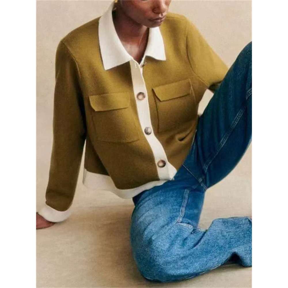 Women Contrast Color Wool Knit Cardigan Fashion Single Breasted Turn-Down Collar Female Double Pockets Sweater Coat Top