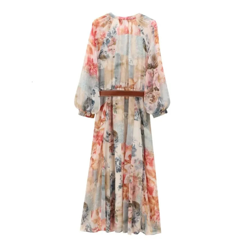 TRAF Print Long Dress With Belt For Women Autumn Fashionable Sleeved Loose Casual Elasticated Waist Female Midi 250303