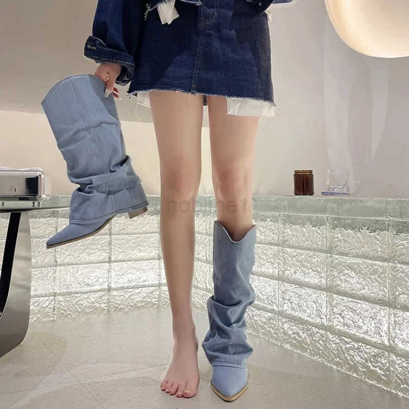 Wen Pleats Blue Denim Thigh High Boots Autumn New Thick Heeled Pointed Toe Cowboy Boots Wan Slip On Wern Long Boots Z250304