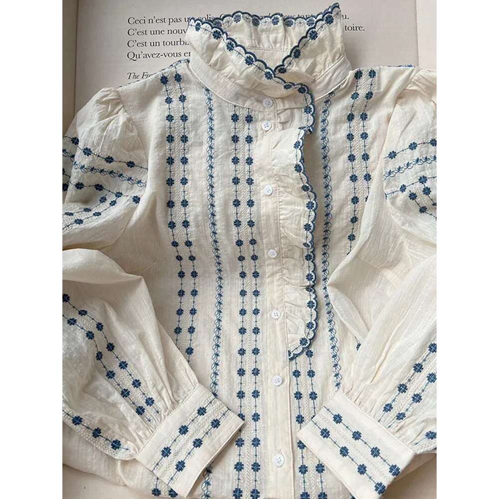 Women Ruffles Trim Pink Or Blue Blouse Single Breasted Casual Summer New 2025 Female Stand Collar Vintage Shirt And Tops