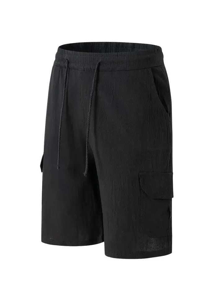 Mens linen multi pocket cargo shorts outdoor fashionable waistband drawstring shortsT250304