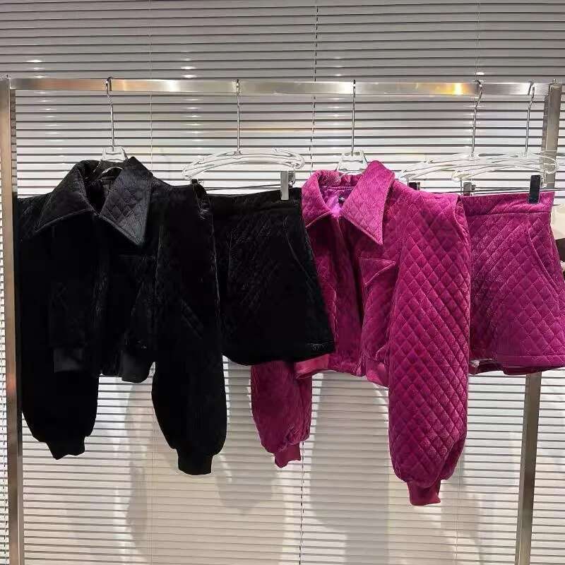 3-15 Winter Girls Cotton Three Dimensional Shoulder Dia Grid Clothes Set Short Jacket+Short 2Pcs Kids Suit Child Outfits