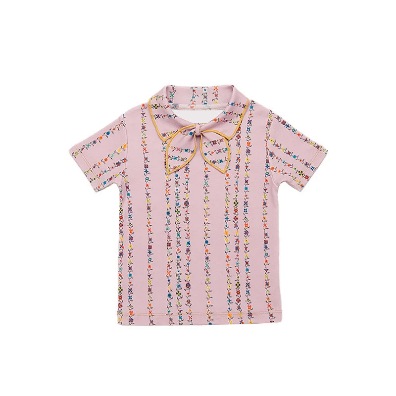 Childrens T-shirt summer MP country style girl tied to bow top girl popcorn underwear 250304