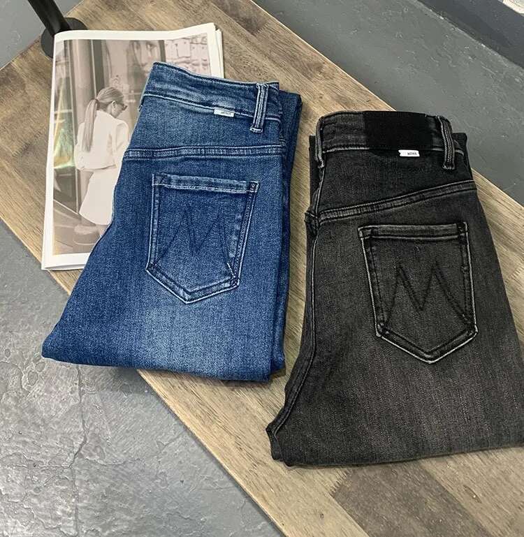 Women's Street Straight Cropped Denim Pants High Waist Slim Stretch Solid Jeans