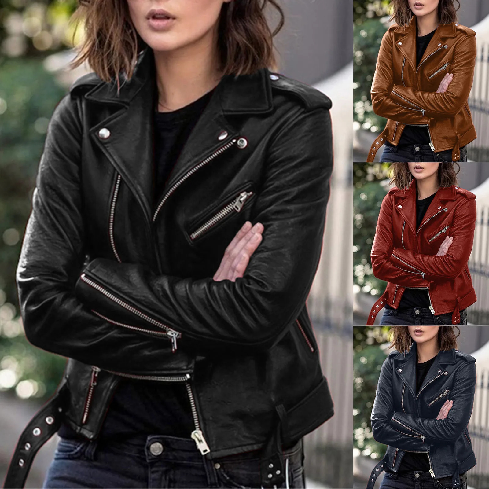Womens casual autumn jacket womens Plus size fashionable synthetic leather long sleeved zipper fit family 250226