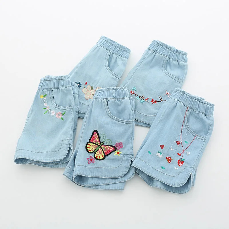Summer Casual 2 3 4 6 8 10 12Years Children Embroidery Flower Cotton Pocket Denim Blue Shorts For Small Baby Kids Girls 250304