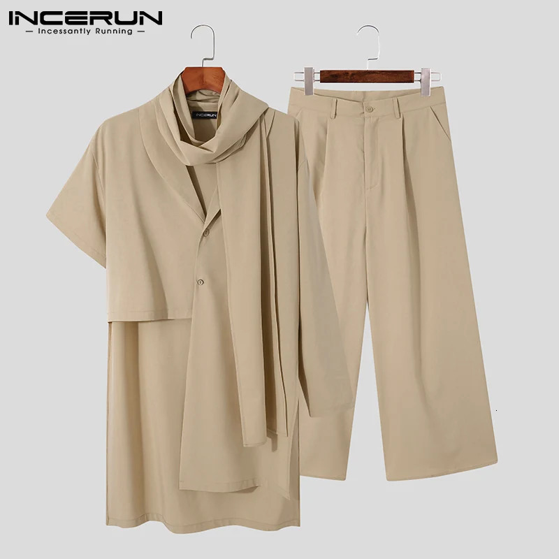 Stylish Mens Solid All-match Sets Irregular Hem Sleeve Shirts Loose Pants Casual Muslim Style Suit 2 Pieces S-5XL INCERUN 250303