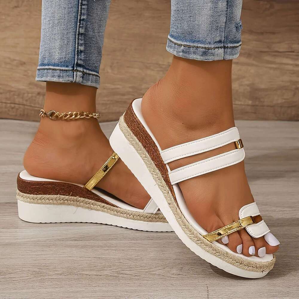 Summer Casual 2025 Color Blocking For Women Dr Comfortable Soft Leather Thick Soled Slope Woven Straw Sandals