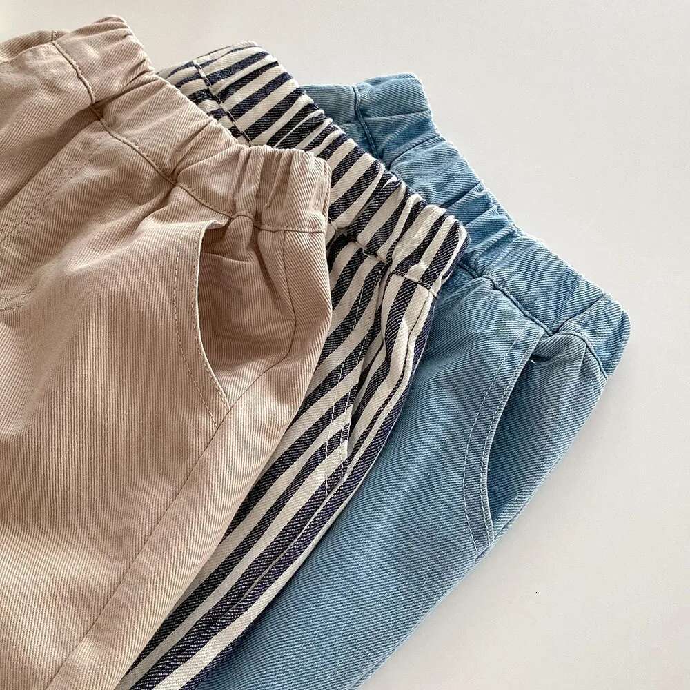 Ddmyshoesvip Jeans Stripe Denim Loose Straight Patchwork Pocket Boys Trousers Mid Waist Kids Outfit Pants