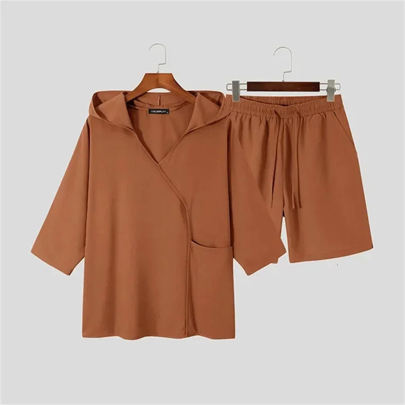 Mens Sets Cotton Linen Two-Piece Set Short-Sleeve Hoodie V-Neck T-Shirt Loose Home Suits Irregular Shorts Monochromatic Summer 250303