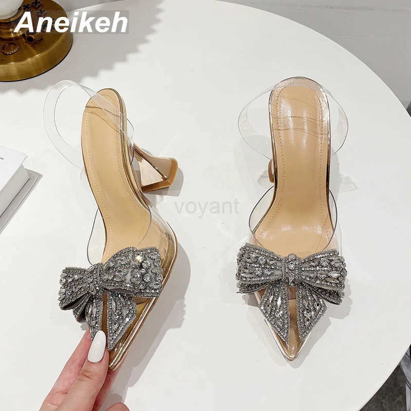 Aneikeh 2023 Summer Wen Fi Shoe Sexy High Heel Ankle Slingbacks Buckle Strap Pointed Toe -Knot Decorati Pumps Z250304