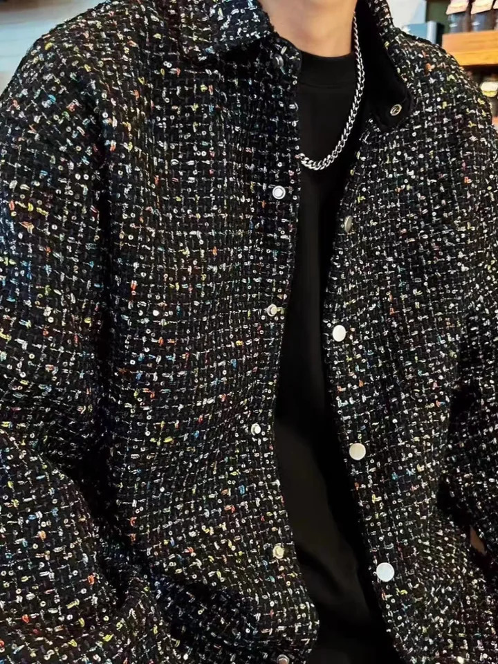 Autumn fragrance knitted Jacquard sequined shirt jacket mens trend handsome personality fashion lapel loose 250304