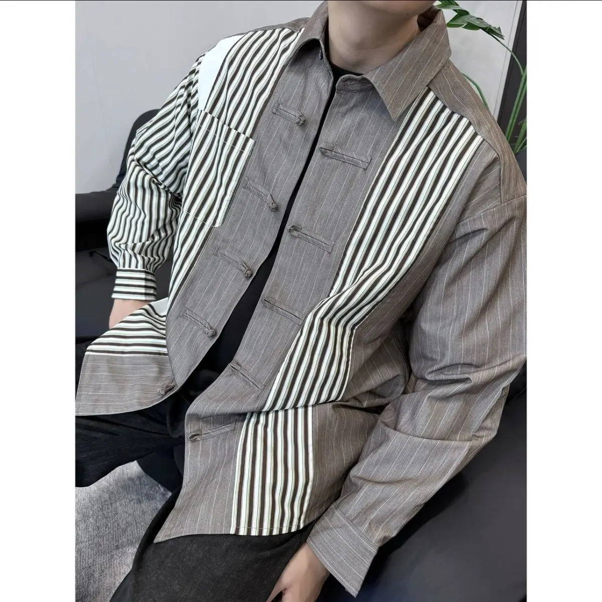 Chinese Style Autumn Men Buttoned Black and White Striped Retro Long-sleeved Shirt Fashionable Cardigan 250227
