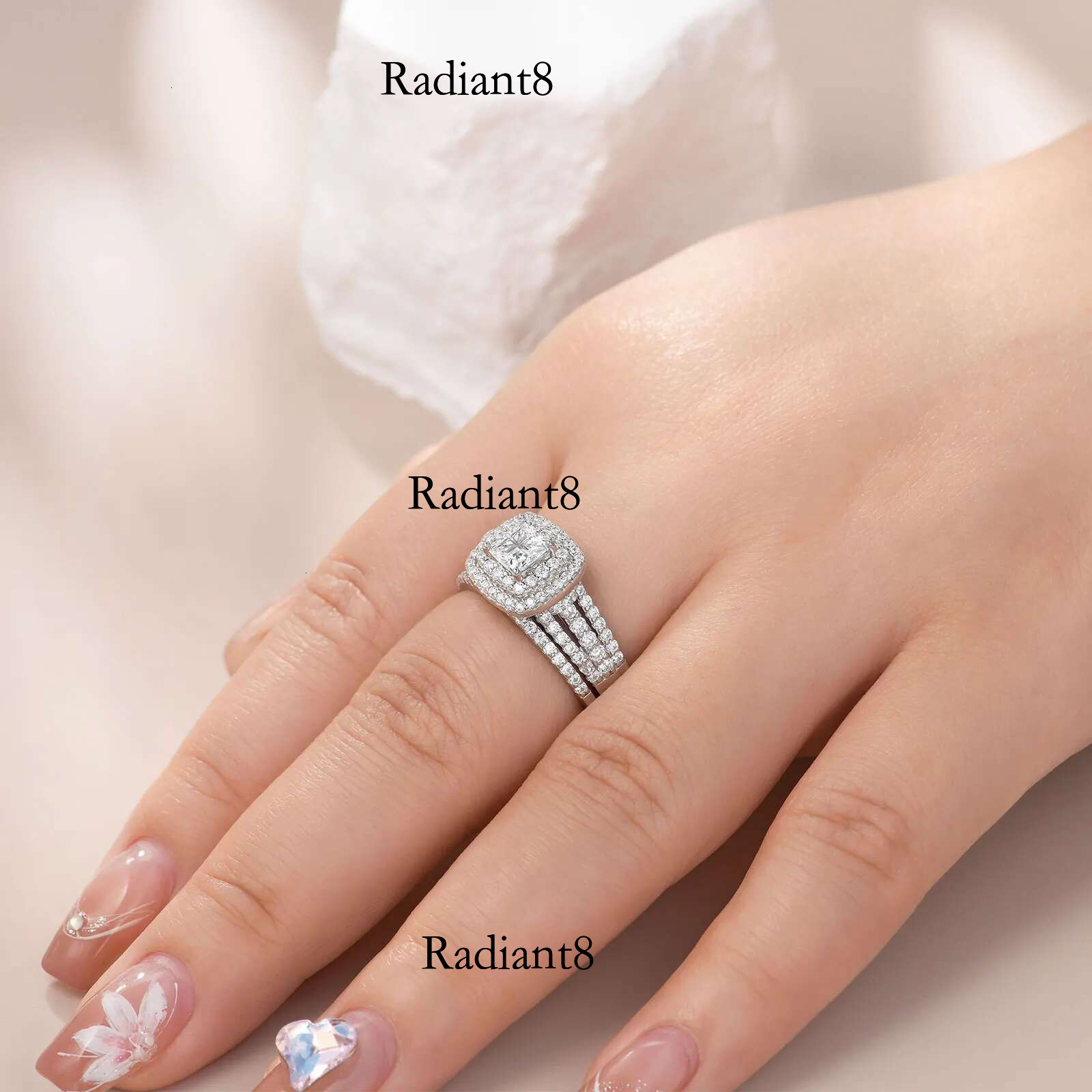 Newshe Sterg Sier Halo Wedding Ring Set for Women Elegant Jewelry Princess Cross Cut Simulated Dia Rings