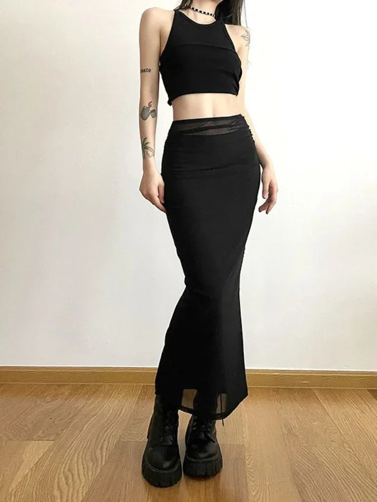 Long Skirts Women Y2k Slim All-match High Street American Retro sweet Gothic Faldas Women Summer Chic Solid Clothing Party 250228