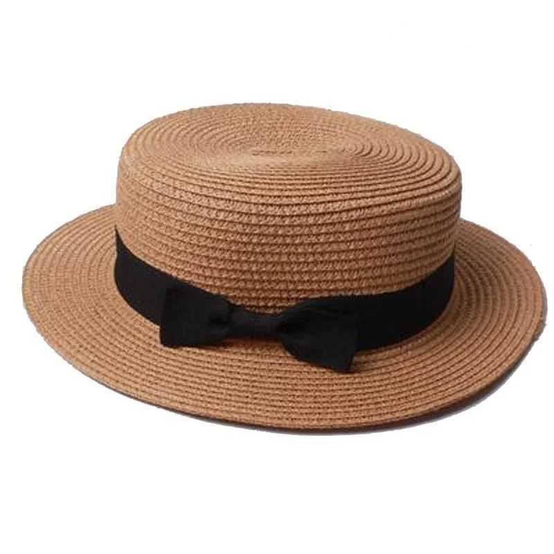 Bowknot Str Sun Hat Women Summer Beach Hat Girls Ribbon Round Flat Top Hat for Women Cs for LadiesXJ250304