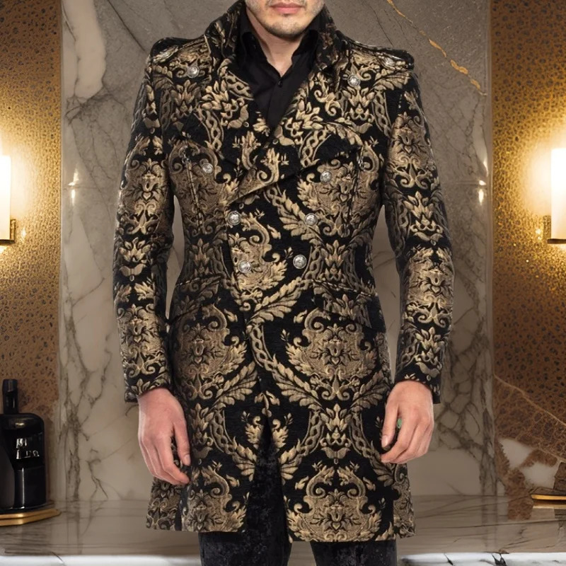 Long Floral Suit Jacket for Men Notch Lapel Double Breasted Jacquard Male Blazer Fashion Coat 2024 Custom Made 250304