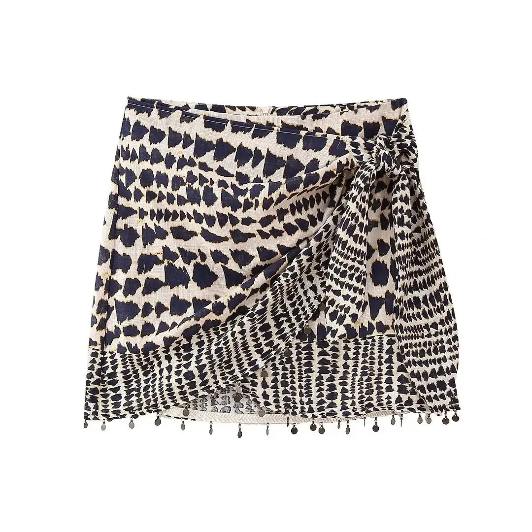 Women Vintage Geometric Print Knotted Mini Sarong Skirt Faldas Mujer Female Beading Tassel Casual Zipper Vestidos QUN4078 250304