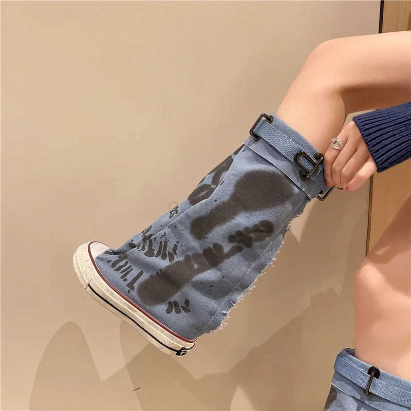 Wens Spring Graffiti High Canvas Boots Round Middle Follow Anti-slip Boots Wen Leisure Fion Rubber Sole Botas Mujer Z250304