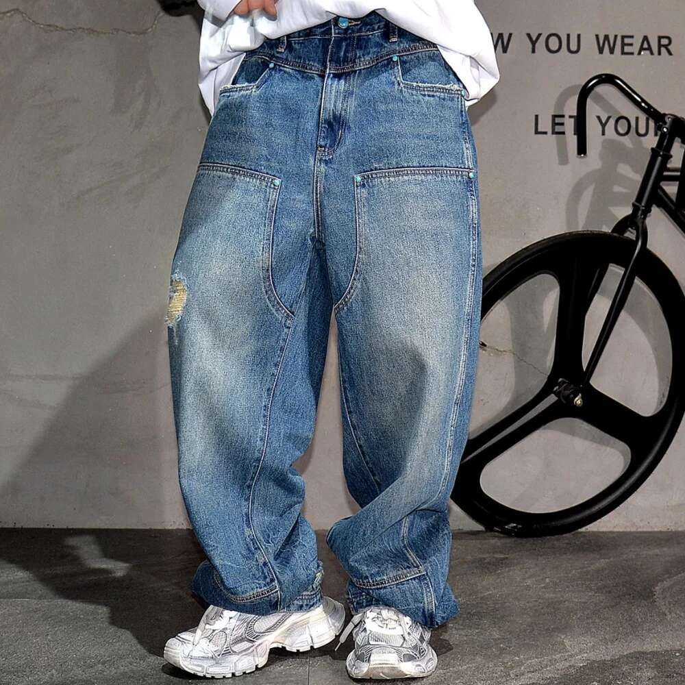 High End Baggy For Men Korean Fashion Stretch Denim Ripped Cargo Pants Hip Hop Trousers Streetwear Skateboard Jeans Male