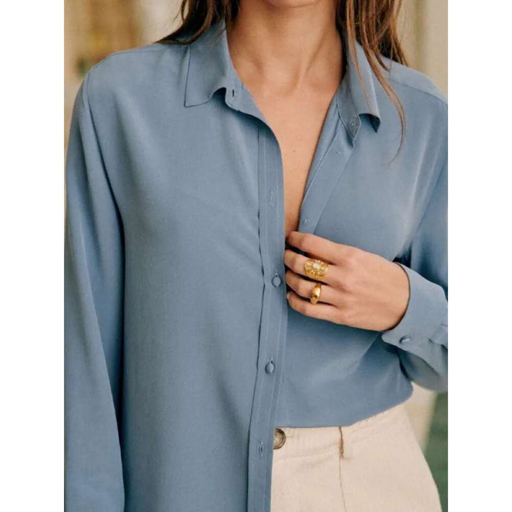 Spring Summer Women Single Breasted Silk Shirt Top Turn-Down Collar Female Casual Long Sleeve Blouse Tops