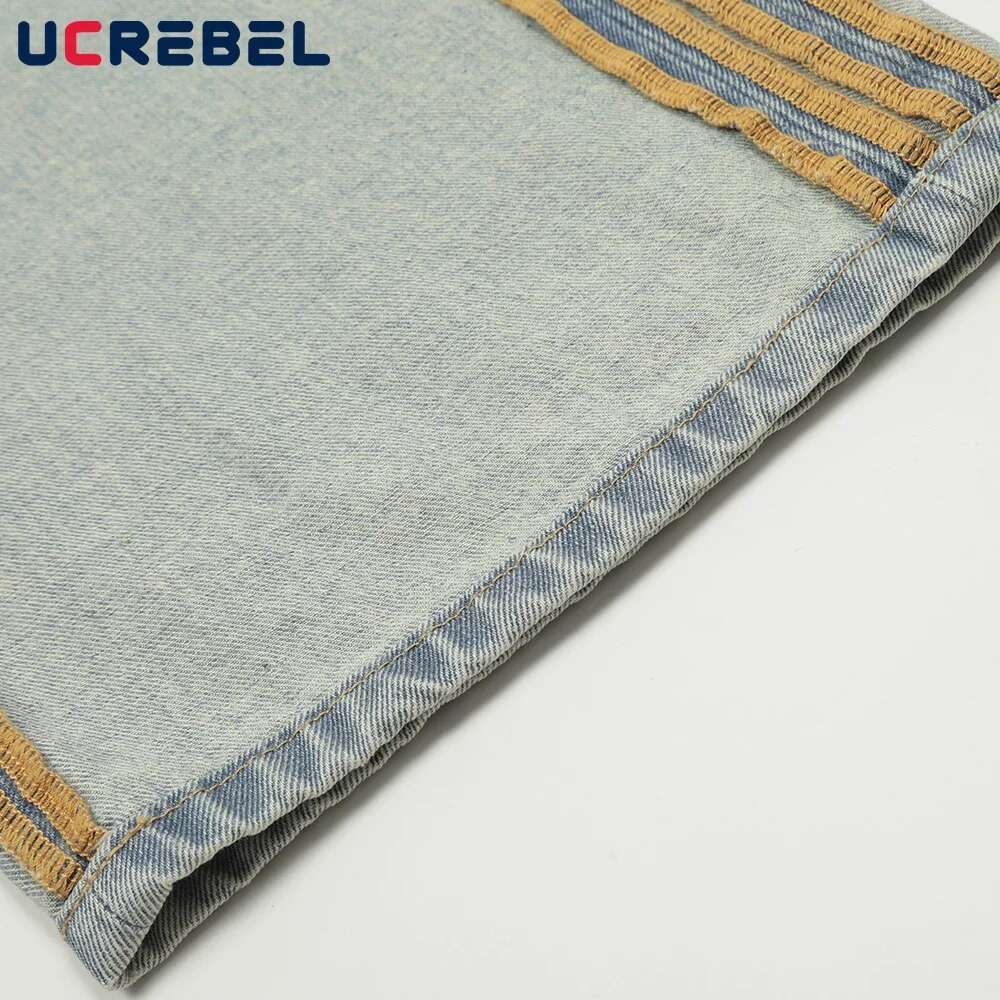 Side Stripe Washed Distressed Jeans Mens Spliced High Street Loose Straight Wide Leg Denim Pants Men Trousers