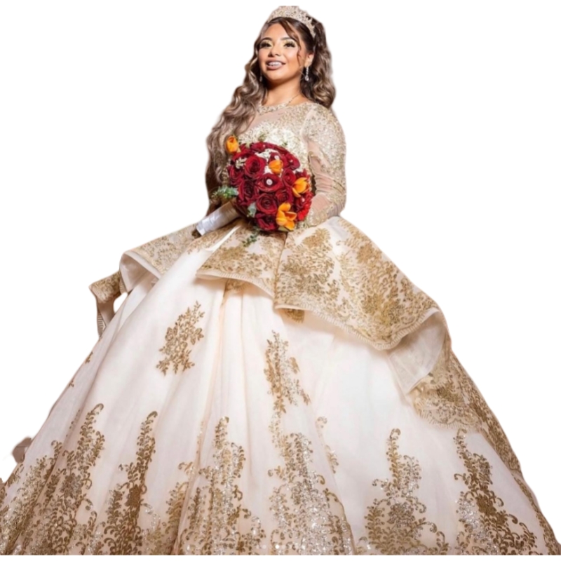 Customized Long Sleeves Quinceanera Dress Ball Gown Gold Lace Applique Pearls Beaded Ruffles Corset Shiny Sweet 16 Vestidos De XV 15 Anos