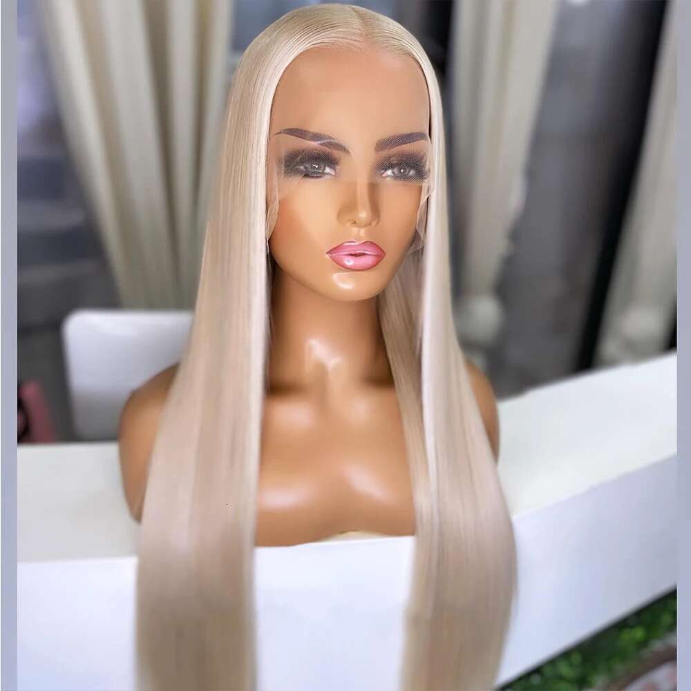 30 Inch Silky Straight Ash Blonde Highlight Wig Human Hair Blended Synthetic Wigs For Women Heat Resistant Fiber Cosply