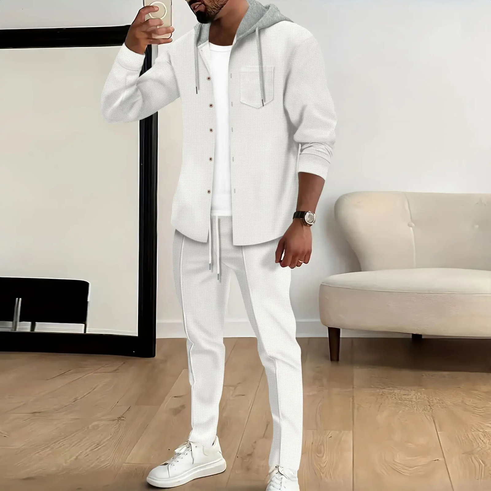 Spring and autumn Waffle mens casual slimfit hooded longsleeved cardigan matching color fashion high quality tracksuit pa 250227