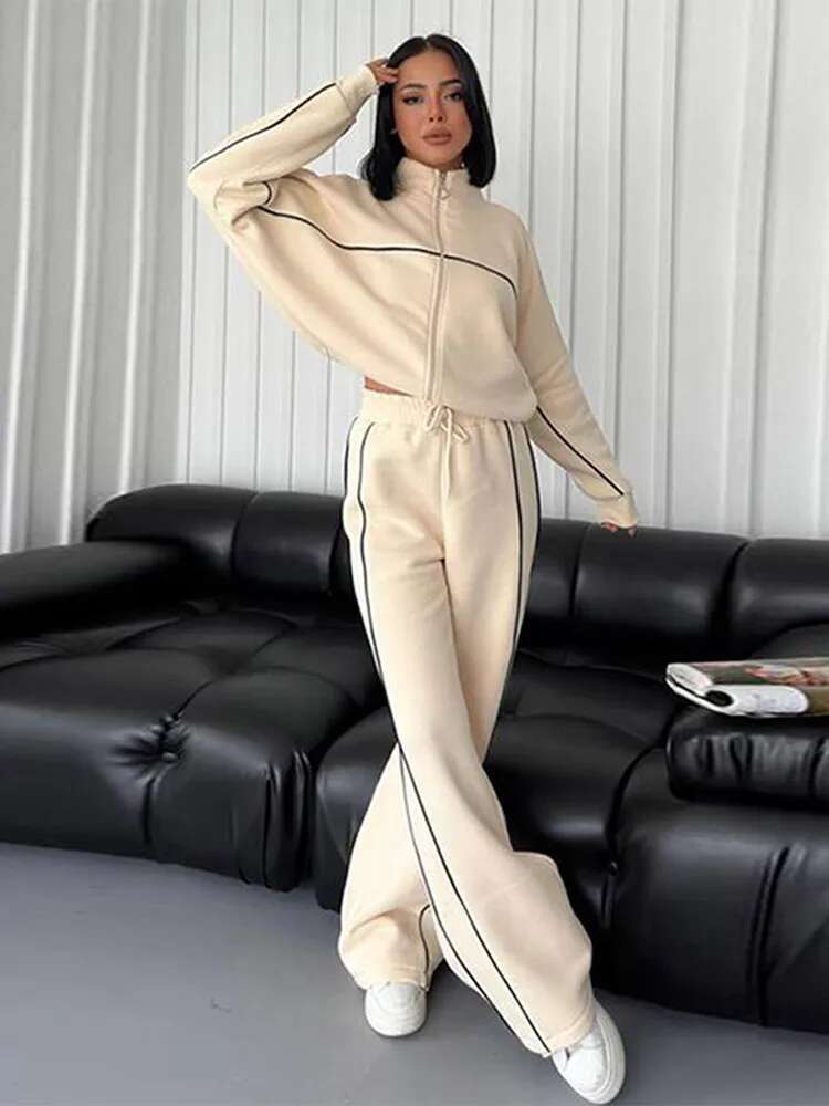 Sport Stripe Sweatshirt Two Piece Set Women White Turtleneck Long Sleeve Elastic Waist Pant Sets Female 2025 Spring Autumn