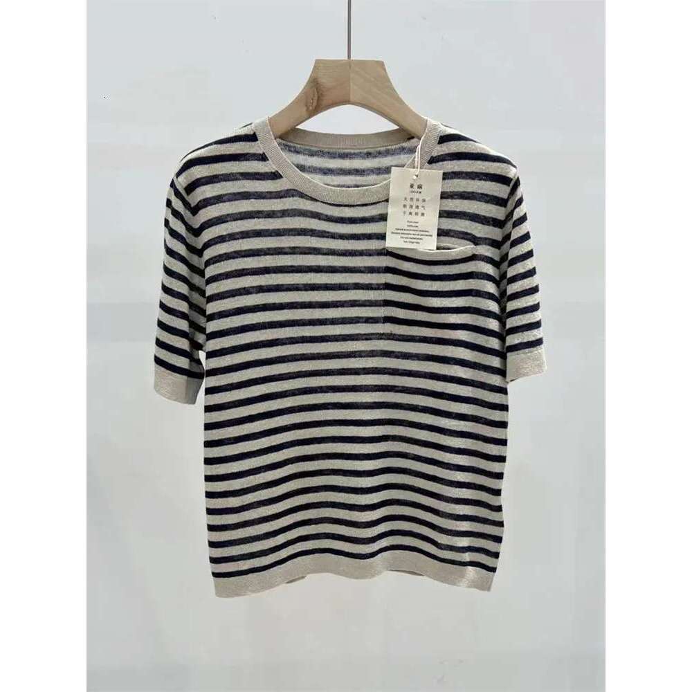 Women Front Pocket Knit Tshirt Stripes 100% En Casual 2025 Summer O-Neck Short Sleeve Knitted Tee For Female