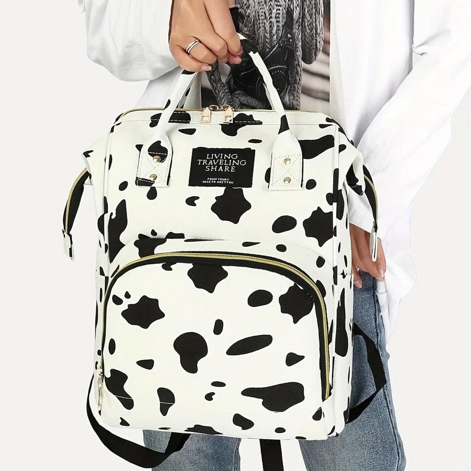 Ship from US Stylish Cow Pattern Backpack Trendy Zipper Rucksack Versatile Womens Travel Diaper Bag 250304FBB