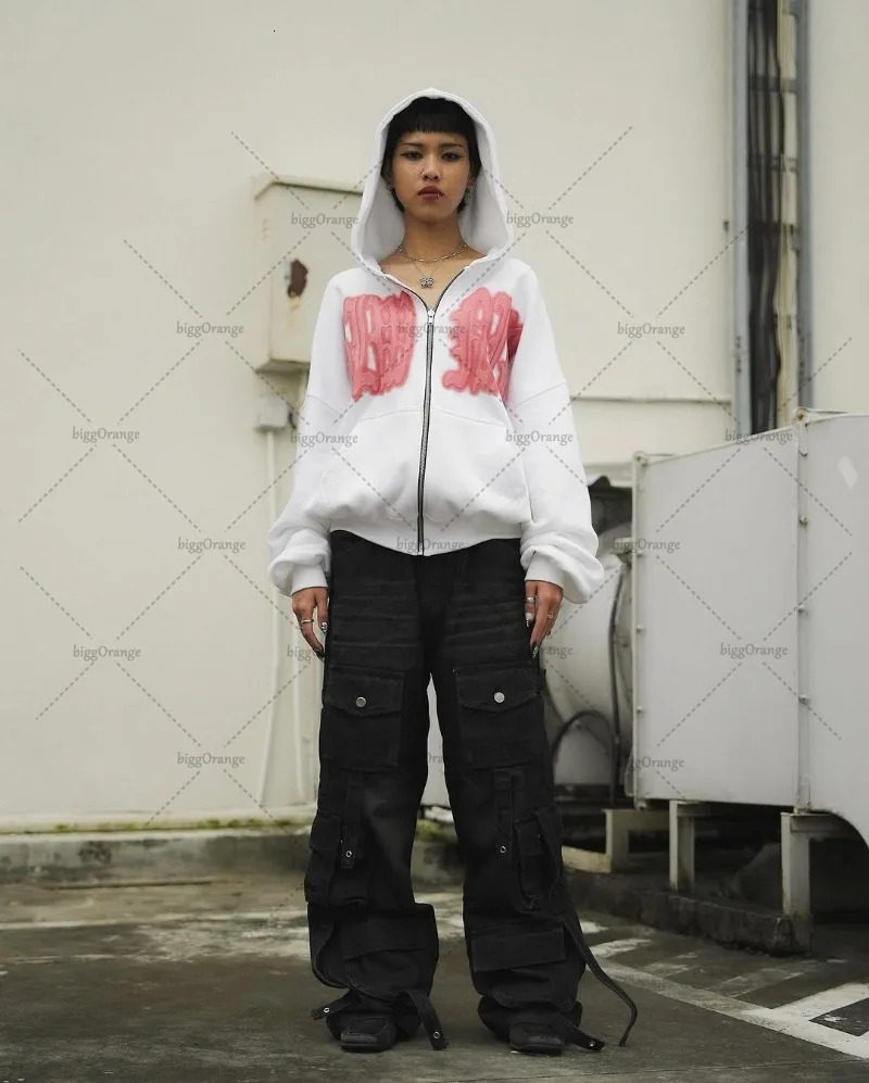 Gothic Punk Letter Printed Zipper Hoodie Men Hip-hop Street Trendy Jacket Y2K Harajuku Retro Casual Oversized Sweatshirt Women 250303