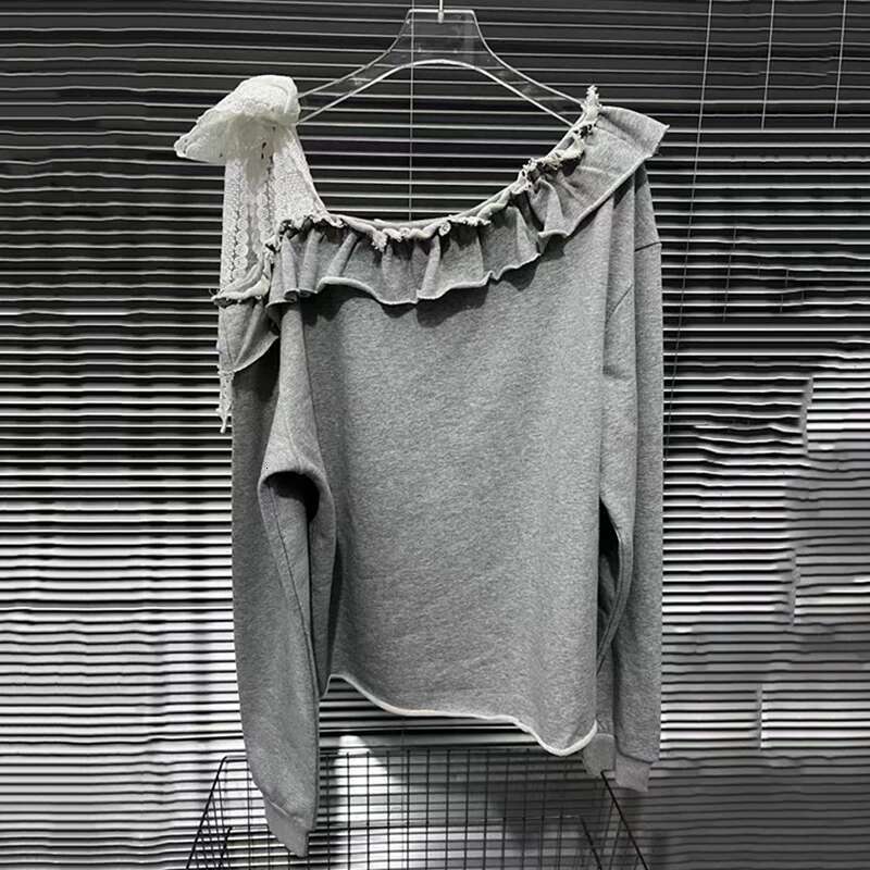 2025 Spring New Fashion Skew Collar Sports Letter Patchwork Lace Top For Women Trendy Long Sleeves T-Shirt Female 111A02459