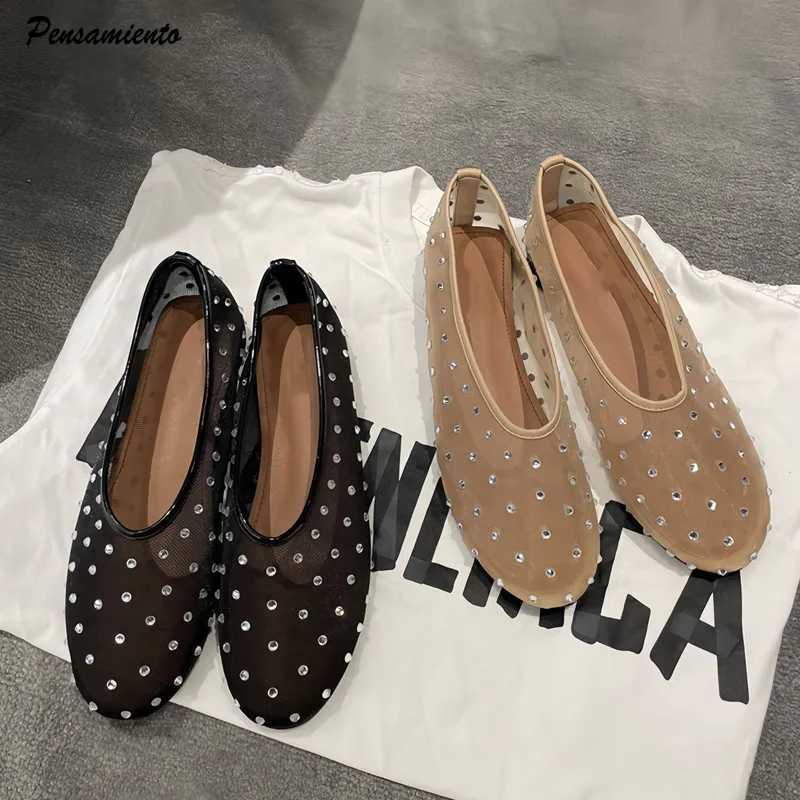 Fi Crystal Wen Ballet Flats Mesh Dance Flat Shoes Casual Driving Walking Loafers adrilles Ladies Slip- Lazy Shoes Y250303