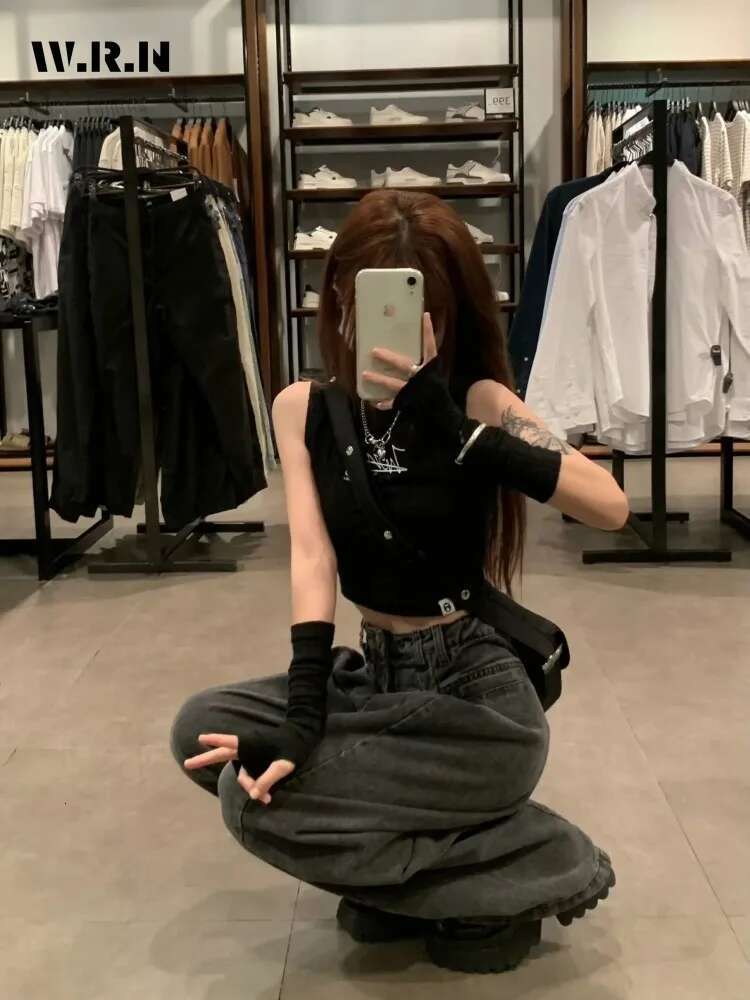American Vintage Grunge Waist Straight Jeans Women's Casual 2000S Washed Pants Baggy Y2k Wide Leg High Street Denim Trouser