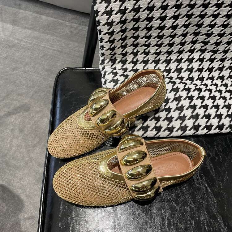 Sheepskin Edition~Spring/Summer New Flat Ballet Mesh One Word Metal Buckle Hollow Mary Jane Single Shoes