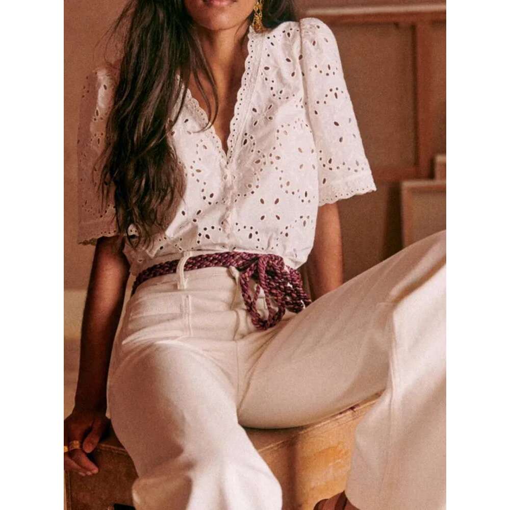 Women Wavy Edge White Cotton Shirt 2025 Early Autumn Female Short Sleeve Blouses Embroidery Hollow Out Top