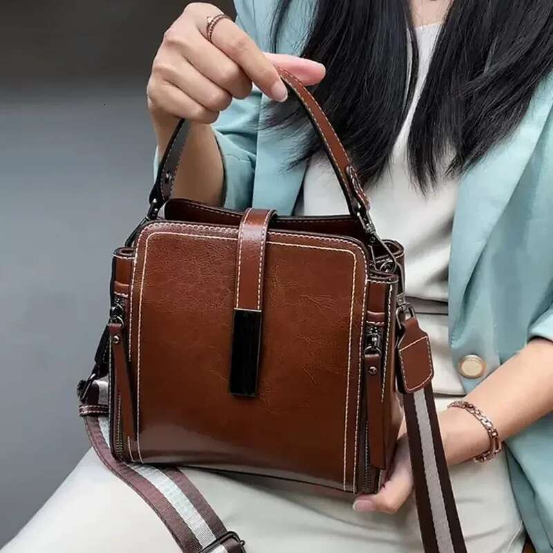 Vintage Cow Genuine Leather Small Shoulder Bags For Women Designer Crossbody Purses Bucket Ladies Handbags
