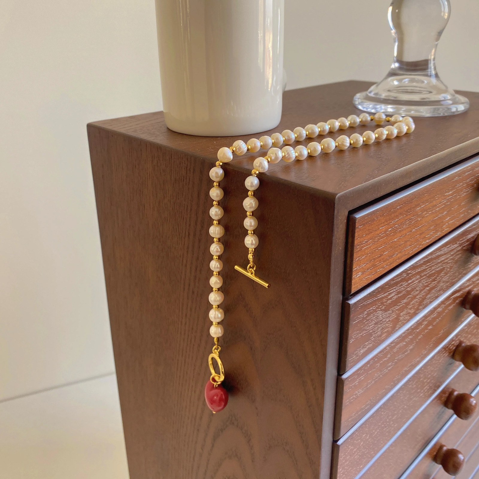 Brass With 18K Real Natural Pearl Beads Heart Necklaces Women Jewelry Punk Hiphop Runway Rare Boho Top Japan Korean 250304