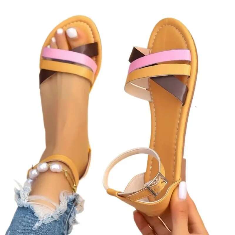 New 2025 Summer Flat Bottom Roman Strap Sandals with Non Slip Rubber Soles Fashion Women's Shoes 36-43