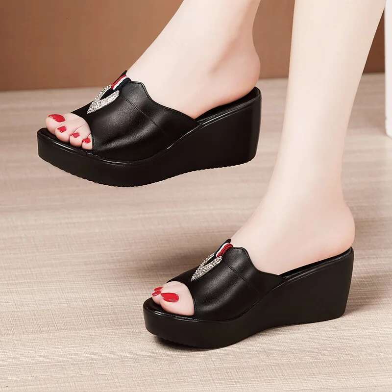 quality summer High wedge leather sandals for women 6cm mid heel new 2025 size 32 33 43 platform open toe elegant shoe black red