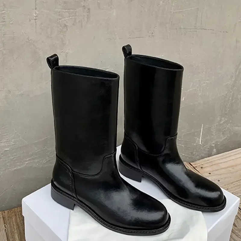 Ladies Mid Calf Shoes Flat Wens Half High Boots Black Hot Fion 2024 Cfortable and Elegant New In Boot Goth Chic Pu Z250304