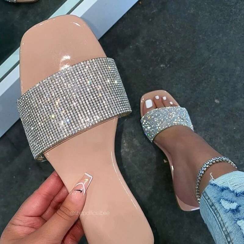 Summer New 2025 Flip-ps Rhie Flat Slippers Ladies Round Toe Shiny Sandals Mujer 43