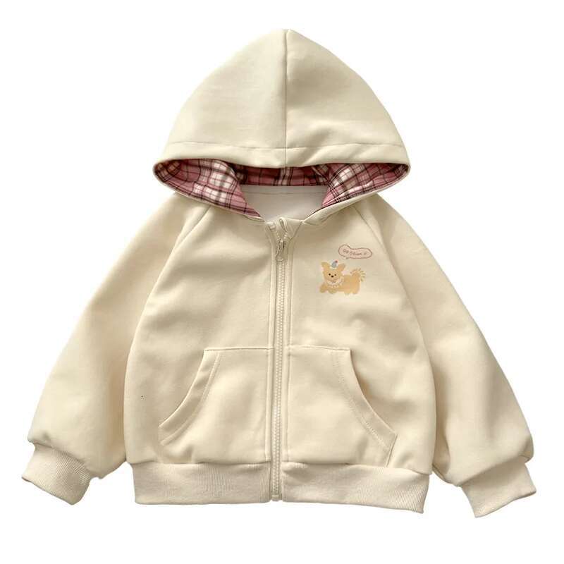 Ddmyshoesvip Spring Infant Baby Girls Jackets Cotton Cartoon Pattern Children Coat Loose Pink Plaid Hooded Zipper Little Girl Coats