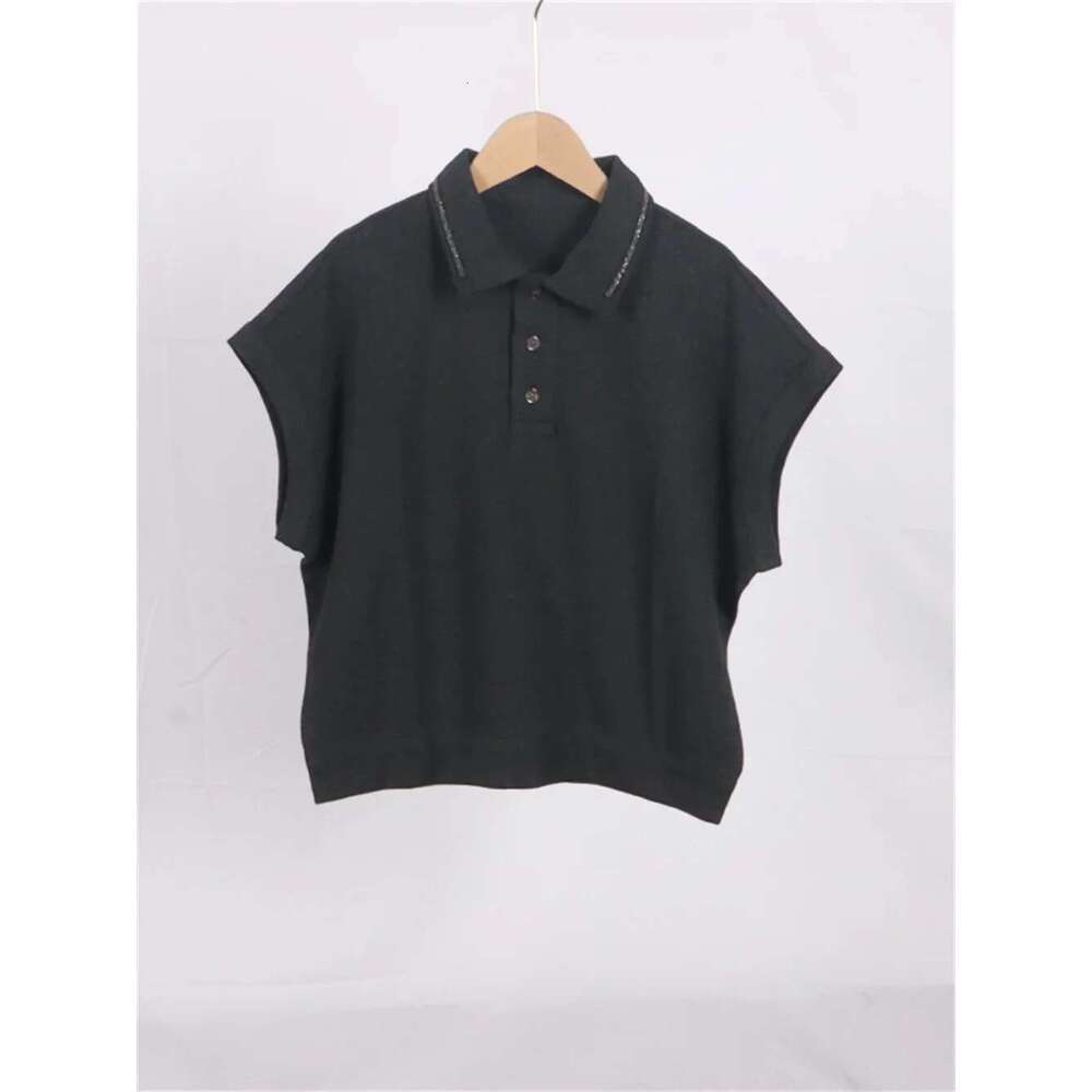 Women 100% Cotton T-Shirt Beading Chain Turn-Down Collar Simple 2 Colors Female Casual Tshirts