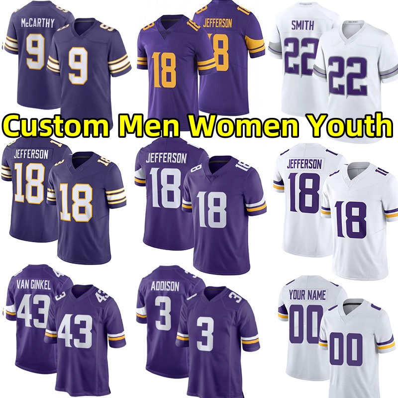 Minnesotaa Vikingg Football Jerseys Justin Jefferson Addison Harrison Smith Andrew Van Ginkel J.J. McCarthy Dalvin Cook Randy Moss Jared Allen Custom Jersey
