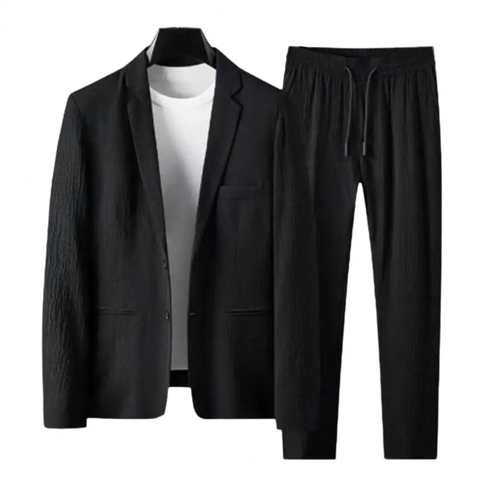 Men Two-piece Suit Striped Pleated Men Blazer Pants Set Pleated Drawstring Loose Lapel Pockets Thin Formal Business Men Set 250303