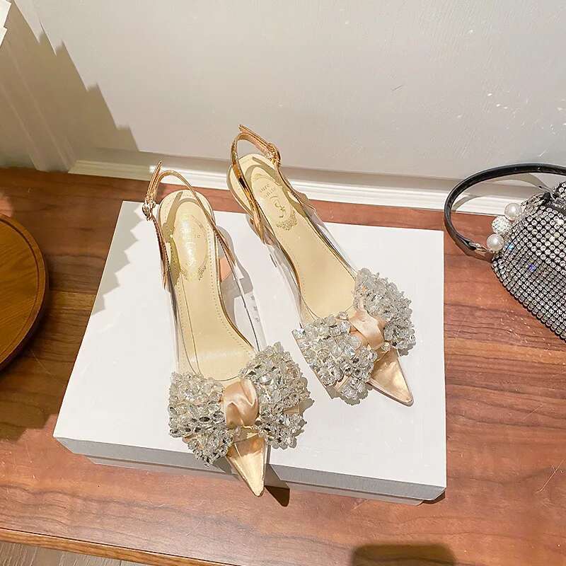 New Pointed Toe Stiletto PVC Rhie Bow Decoration Fashion Ladies Shoes Sexy Elegant Wedding Banquet Party High Heels
